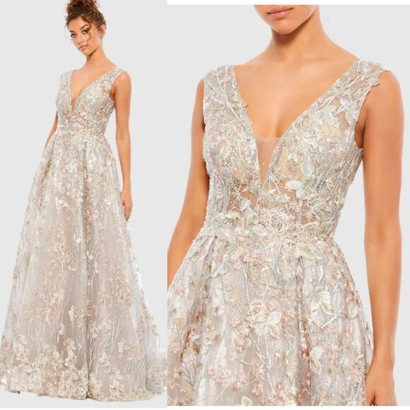 Mac Duggal 20131 Floral Silver Pink Embroidered Illusion Beaded Gown Dress 4 - Picture 1 of 15